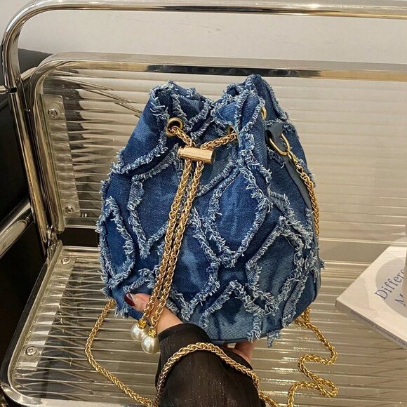 Blue Fashionable Women's Diamond-Shaped Shoulder Bucket Bag - Picture 4 of 7